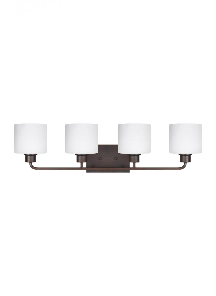 Canfield modern 4-light LED indoor dimmable bath vanity wall sconce in bronze finish with etched whi
