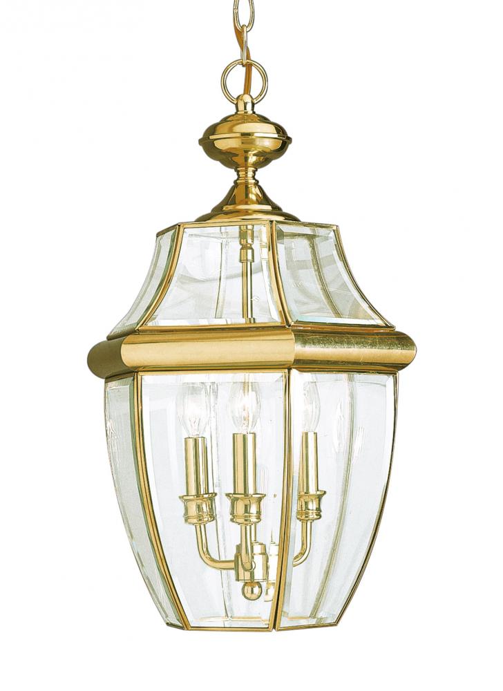 Lancaster traditional 3-light LED outdoor exterior pendant in polished brass gold finish with clear