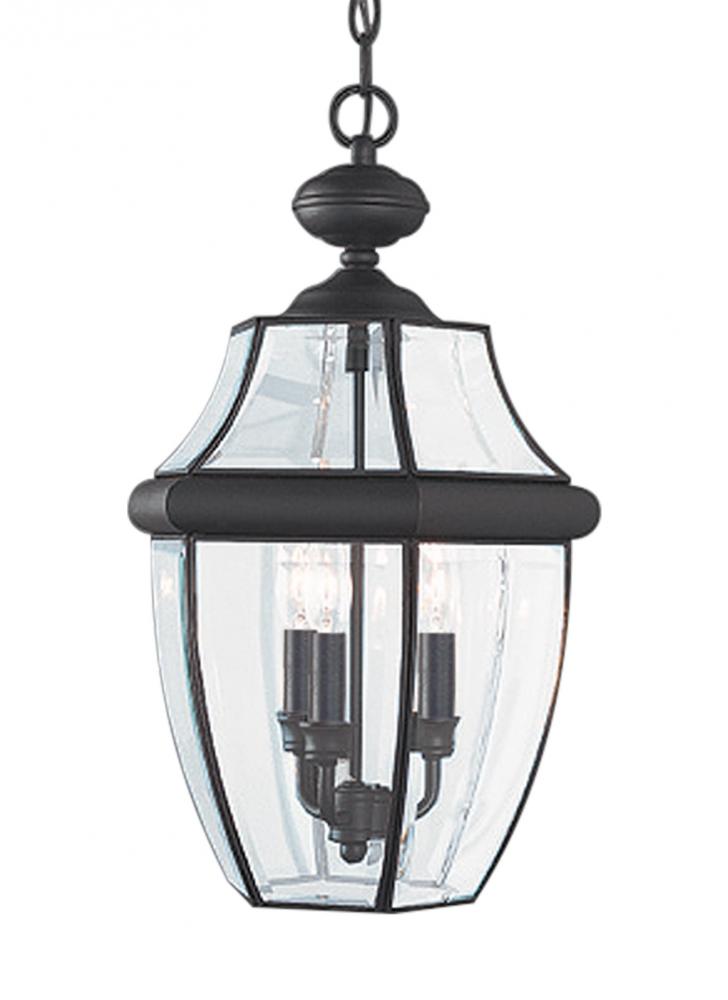 Lancaster traditional 3-light LED outdoor exterior pendant in black finish with clear curved beveled