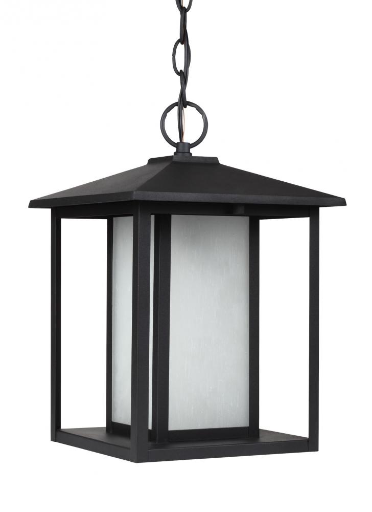 Hunnington contemporary 1-light LED outdoor exterior pendant in black finish with etched seeded glas