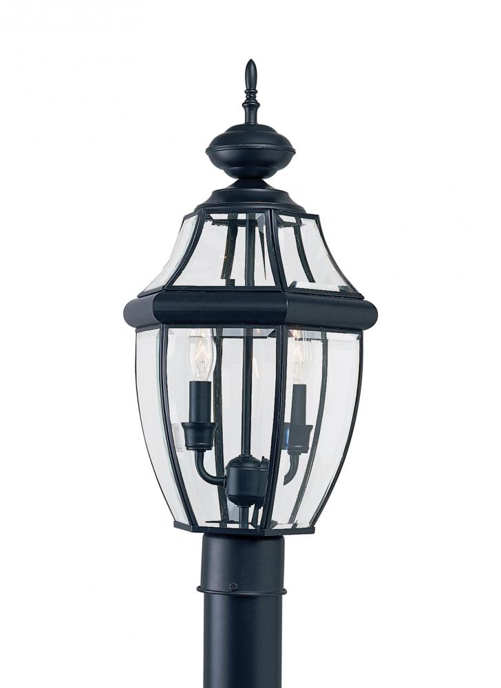 Lancaster traditional 2-light LED outdoor exterior post lantern in black finish with clear curved be