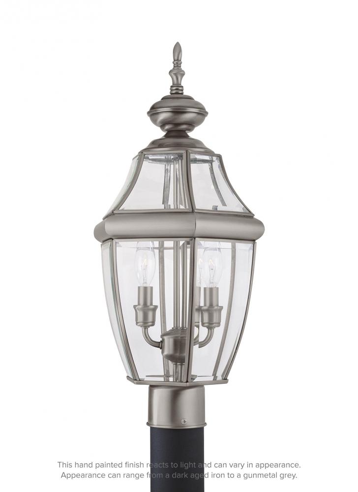 Lancaster traditional 2-light LED outdoor exterior post lantern in antique brushed nickel silver fin