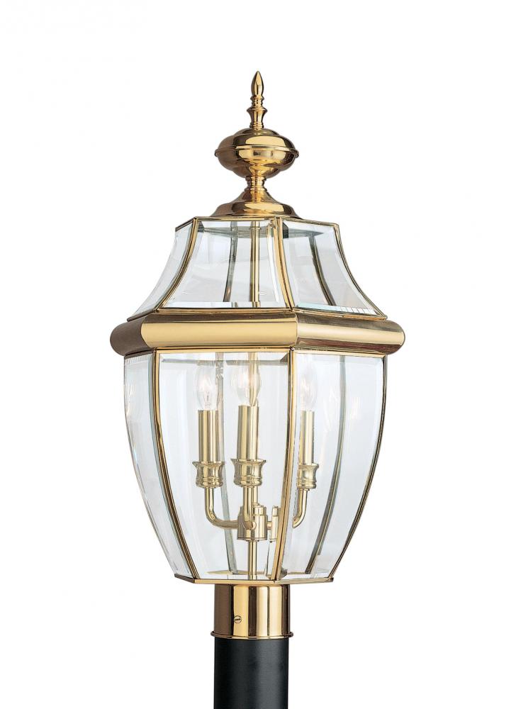 Lancaster traditional 3-light LED outdoor exterior post lantern in polished brass gold finish with c
