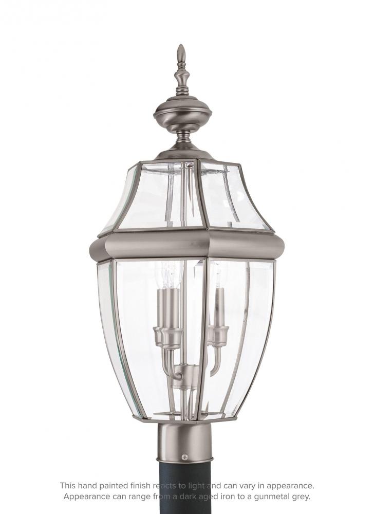 Lancaster traditional 3-light LED outdoor exterior post lantern in antique brushed nickel silver fin