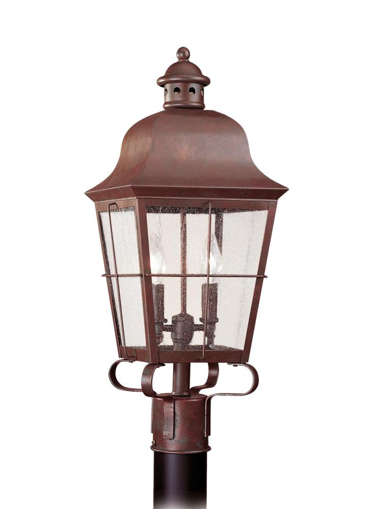 Chatham traditional 2-light LED outdoor exterior post lantern in weathered copper finish with clear