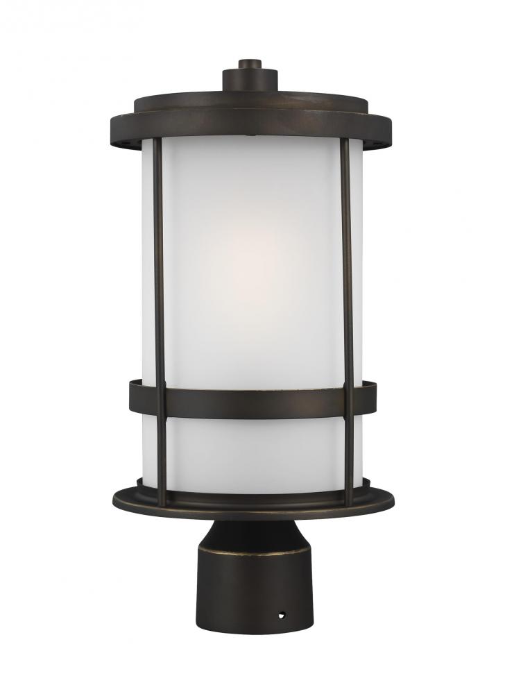 Wilburn modern 1-light LED outdoor exterior post lantern in antique bronze finish with satin etched