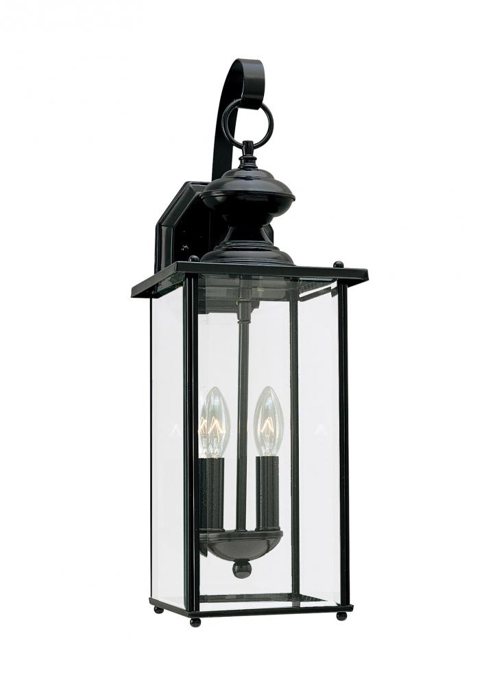 Jamestowne transitional 2-light LED outdoor exterior wall lantern in black finish with clear beveled