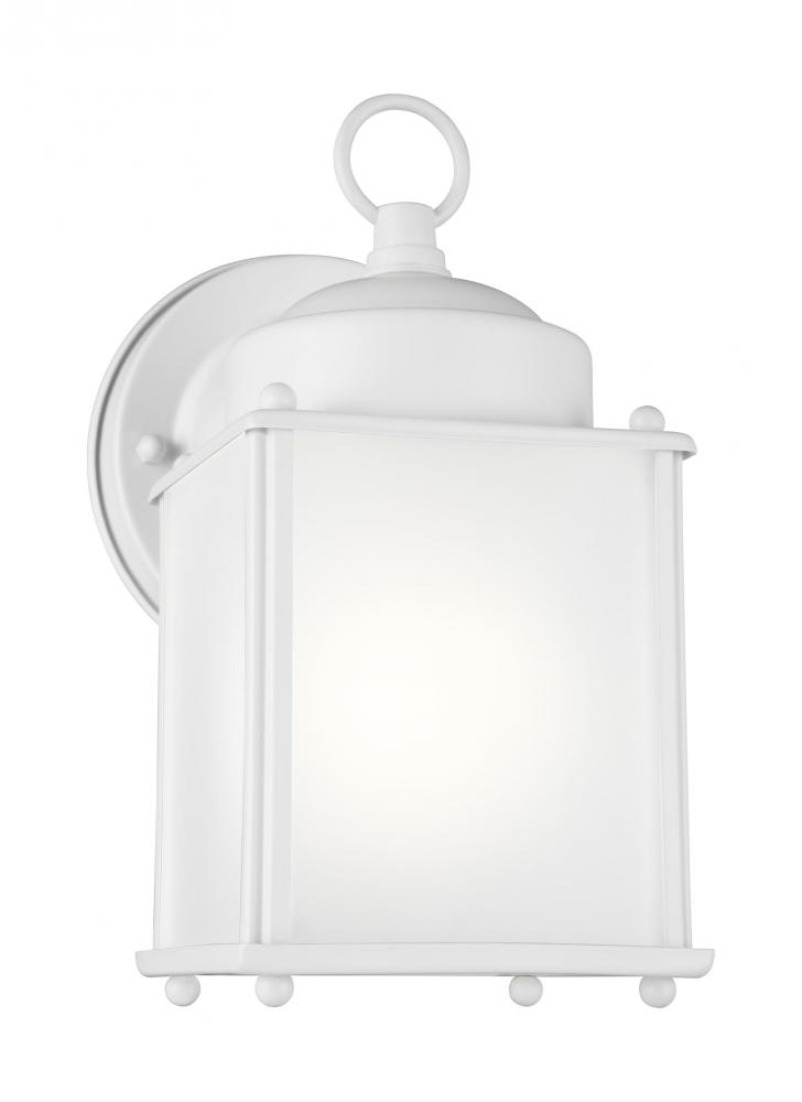 New Castle traditional 1-light LED outdoor exterior wall lantern sconce in white finish with satin e