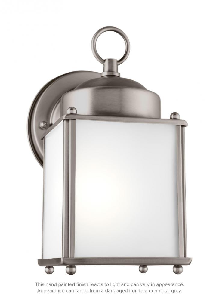 New Castle traditional 1-light LED outdoor exterior wall lantern sconce in antique brushed nickel si