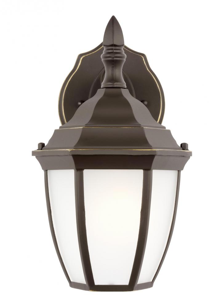 Bakersville traditional 1-light LED outdoor exterior small round wall lantern sconce in antique bron