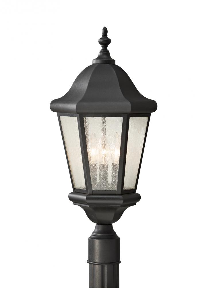 Martinsville traditional 3-light LED outdoor exterior post lantern in black finish with clear seeded