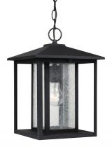 Generation Lighting - Seagull US 62027-12 - Hunnington contemporary 1-light outdoor exterior pendant in black finish with clear seeded glass pan