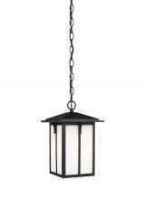 Generation Lighting - Seagull US 6252701-12 - Tomek modern 1-light outdoor exterior ceiling hanging pendant in black finish with etched white glas