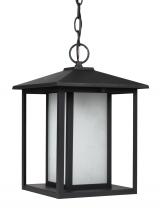 Generation Lighting - Seagull US 69029-12 - Hunnington contemporary 1-light outdoor exterior pendant in black finish with etched seeded glass pa