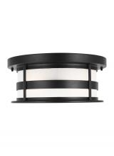 Generation Lighting - Seagull US 7890902EN3-12 - Wilburn modern 2-light LED outdoor exterior ceiling flush mount in black finish with satin etched gl