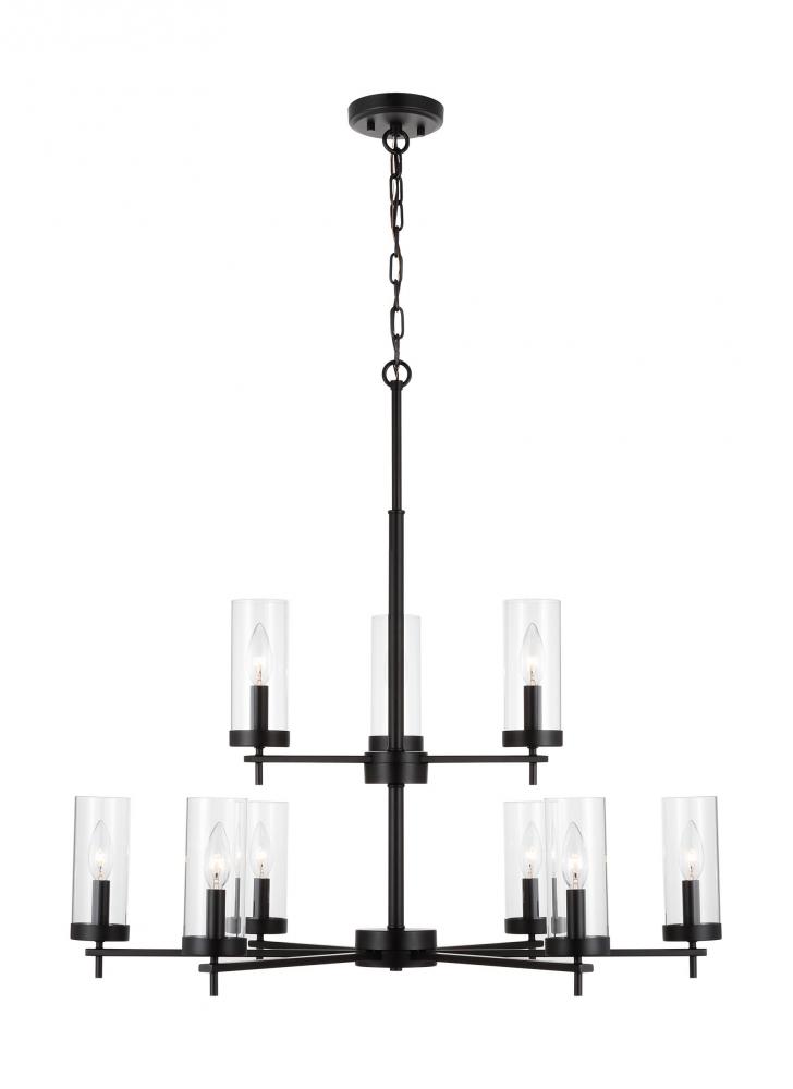Zire dimmable indoor 9-light LED chandelier in a midnight black finish with clear glass shades