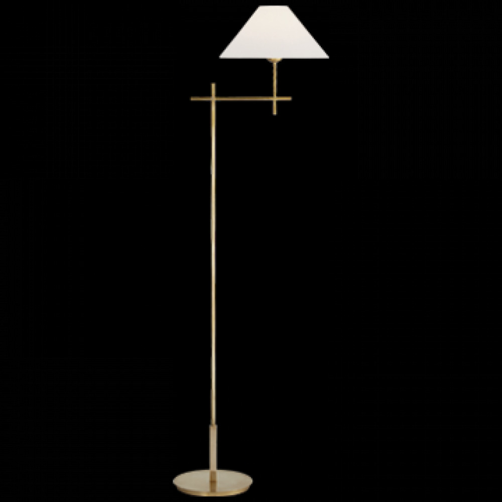 Hackney Bridge Arm Floor Lamp in Hand-Rubbed Antique Brass with Linen Shade